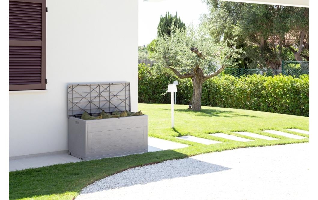 Gartenbox Wood 420 l Warmgrau<br>Multifunktionale Kissenbox