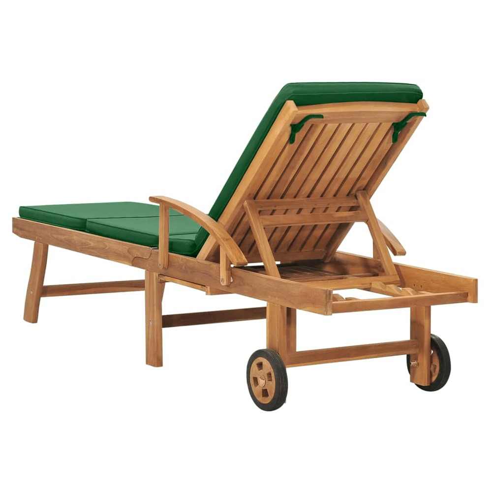 Transat chaise longue bain de soleil lit de jardin terrasse meuble d'extérieur avec coussin bois de teck solide vert 02_00124