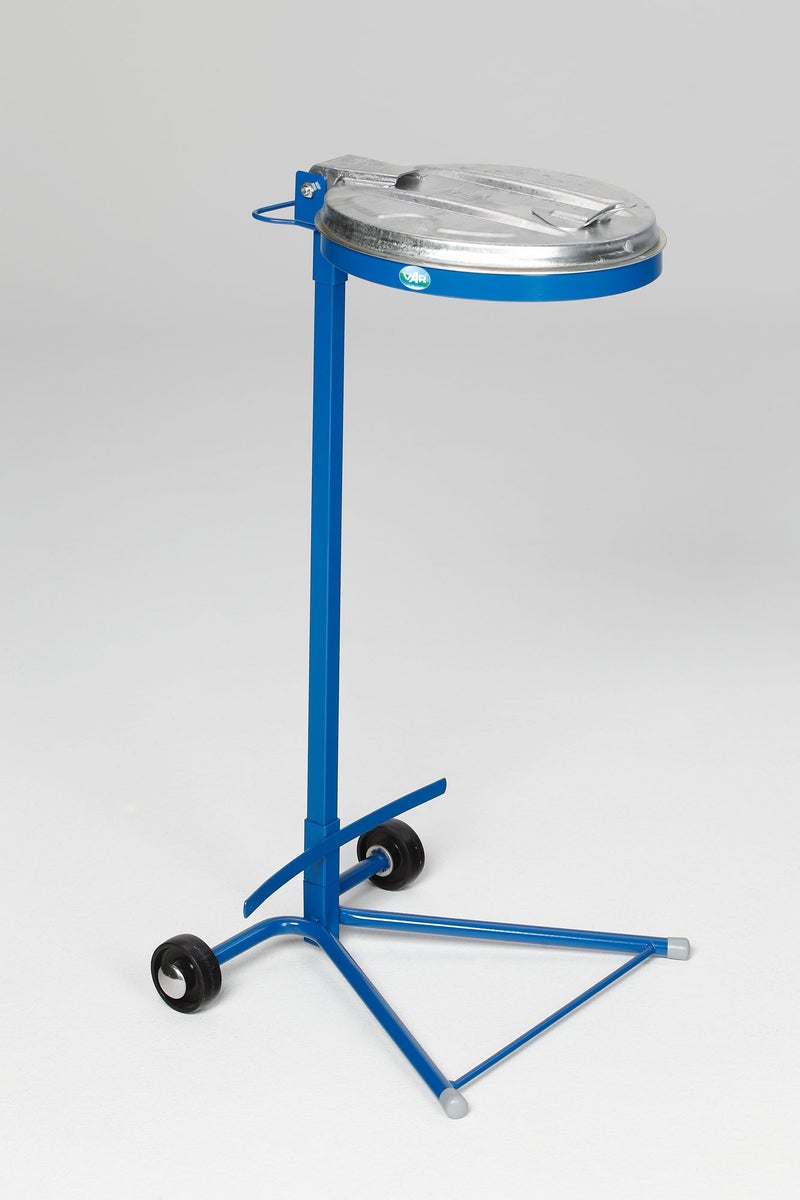 PROREGAL Robuuste enkele afvalbak met metalen deksel, standaard, 2 wielen, 35 cm opening, afmetingen (H x B x D): 98 x 45 x 37,5 cm, staal, blauw verzinkt