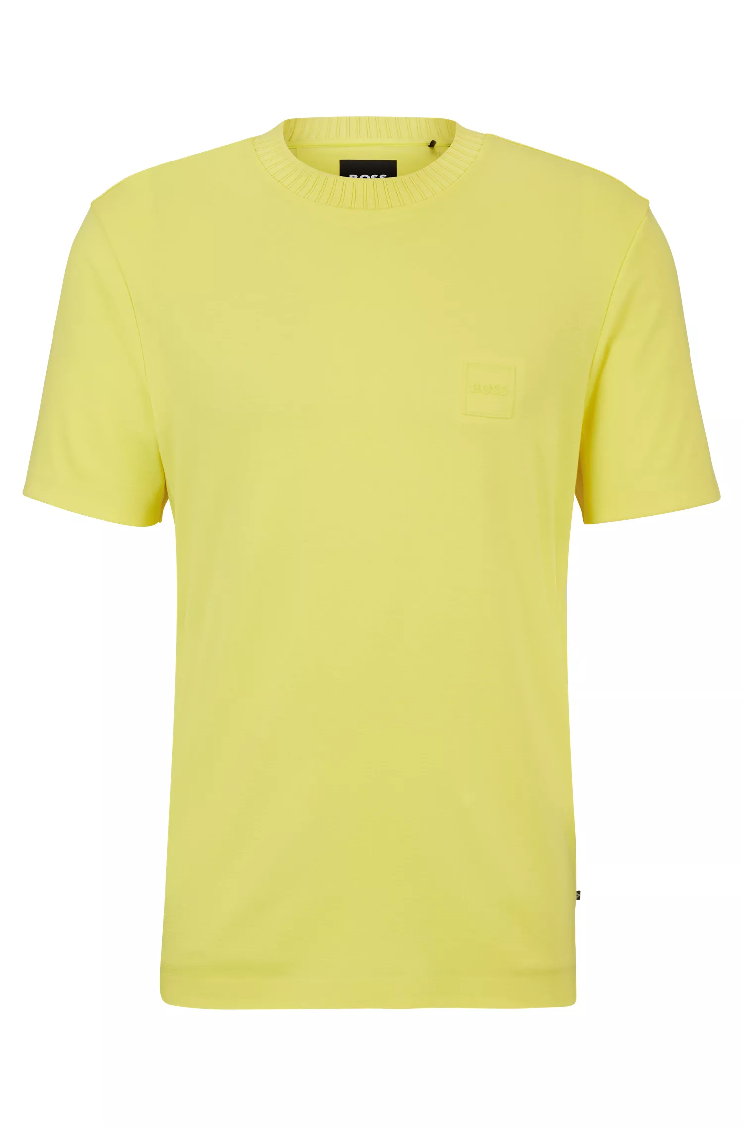 Camiseta BOSS preta de algodão misto com modelagem regular e logotipo em relevo.