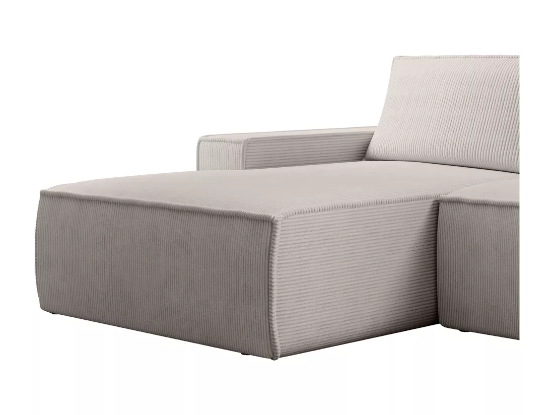 Grand canapé d'angle gauche convertible en velours côtelé beige AMELIA