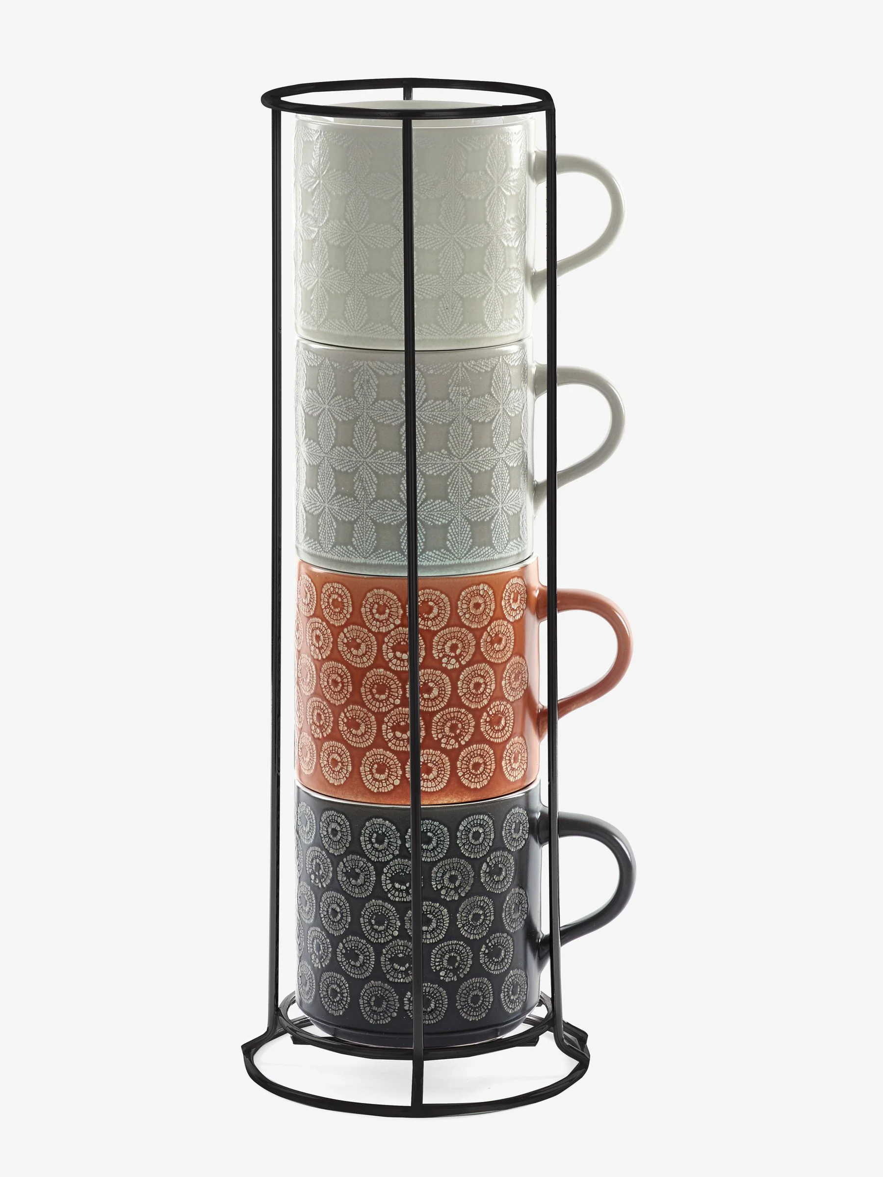 Set van 4 stapelmokken met geometrische en gemengde print en standaard