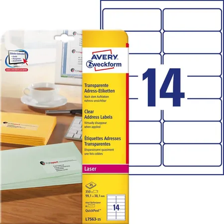 Avery Zweckform L7563-25 Adress-Etiketten,A4 99,1 x 38,1 mm, 25 Bogen/350 Etiketten, transparent