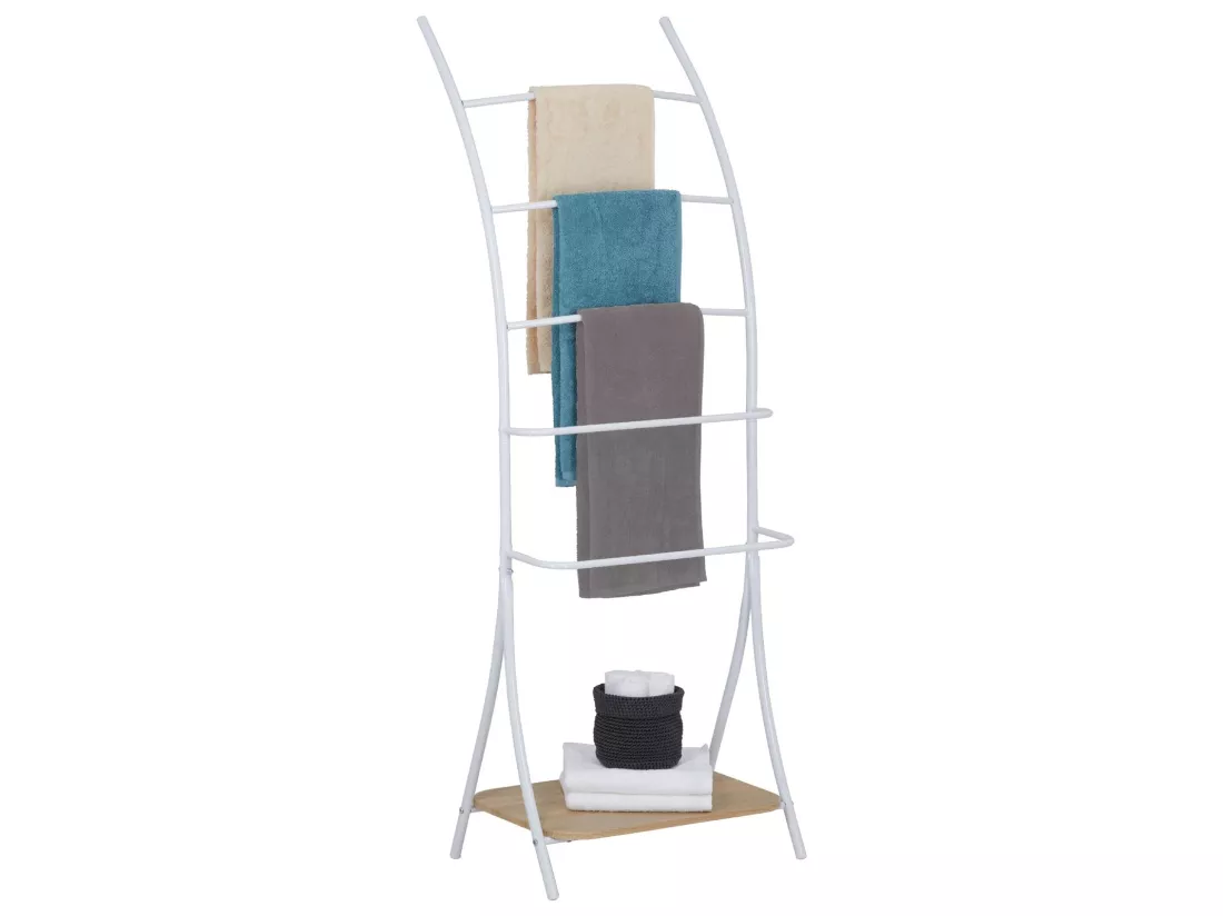 Porte-serviettes sur pied EDY portant pour linge de salles de bain avec 5 barres en métal laqué blanc, 1 étagère en MDF chêne sonoma