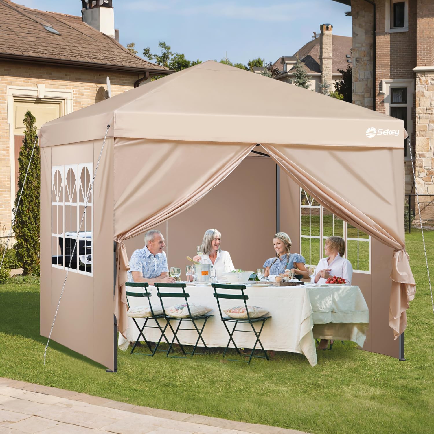 Sekey Premium Pop Up Pavillon 3x3 Wasserdicht Stabil, 3 x 3 m Pavillon mit Seitenwänden, Faltpavillon Partyzelt Faltbar für Camping Party, Höhe Verstellbar 250-270cm, (Khaki, Mit Seitenwänden)