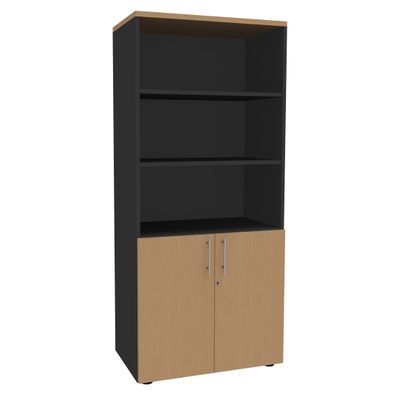 Bibliothèque IDRA/DUAL avec 2 portes basses - L80 x H180 x P47 - Corps anthracite - Portes et dessus imitation Hêtre