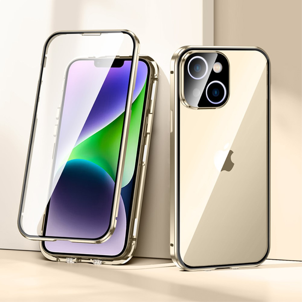 iPhone 14 Magnetische Alu Schutzhülle mit Panzer Glas Backcover   Display- / Kameraglasschutz (Magnet-Technologie) - Gold