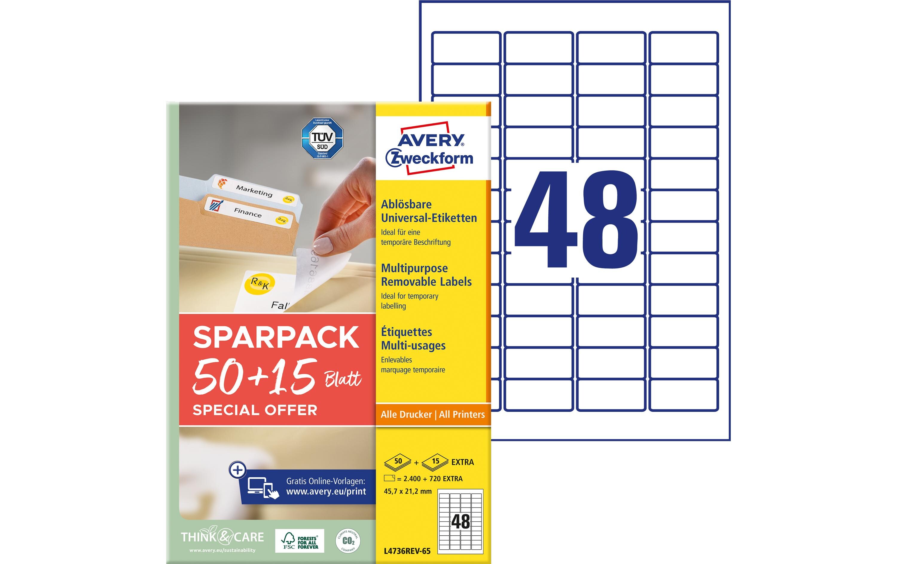 Universal-Etiketten L4736REV-65, 45.7 x 21.2 mm, 65 BlattAblösbare Etiketten