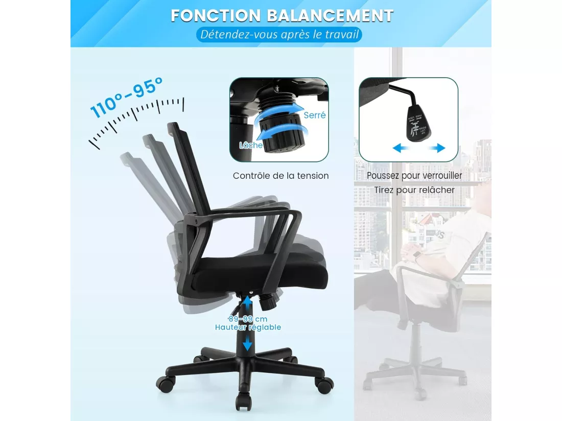 Chaise de Bureau Ergonomique, Chaise de Travail avec Soutien Lombaire et Dossier à Bascule, Pivotante en Maille avec Accoudoirs, pour Chambre, Bureau, Noir