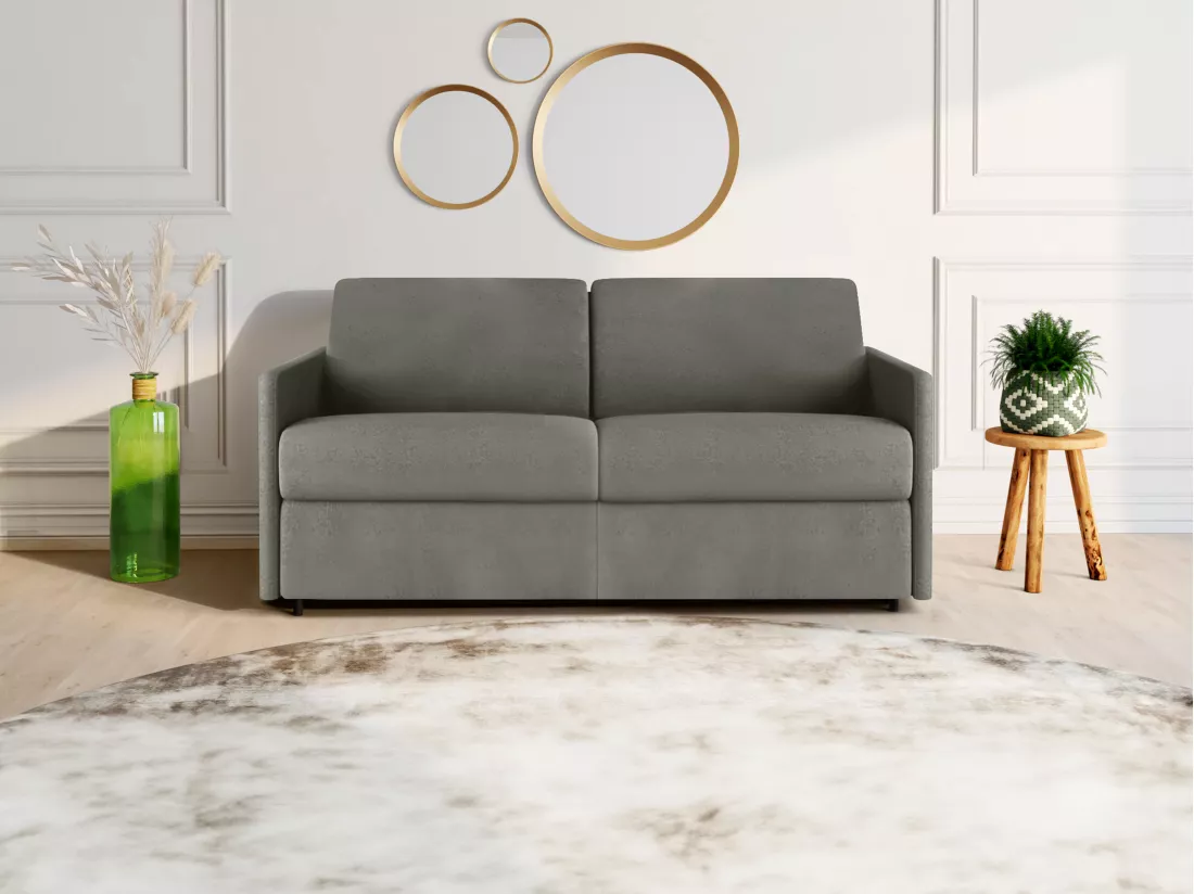 Canapé 3 places convertible express en tissu gris clair - Couchage à lattes larges 140 cm - Matelas 18 cm CALIFE