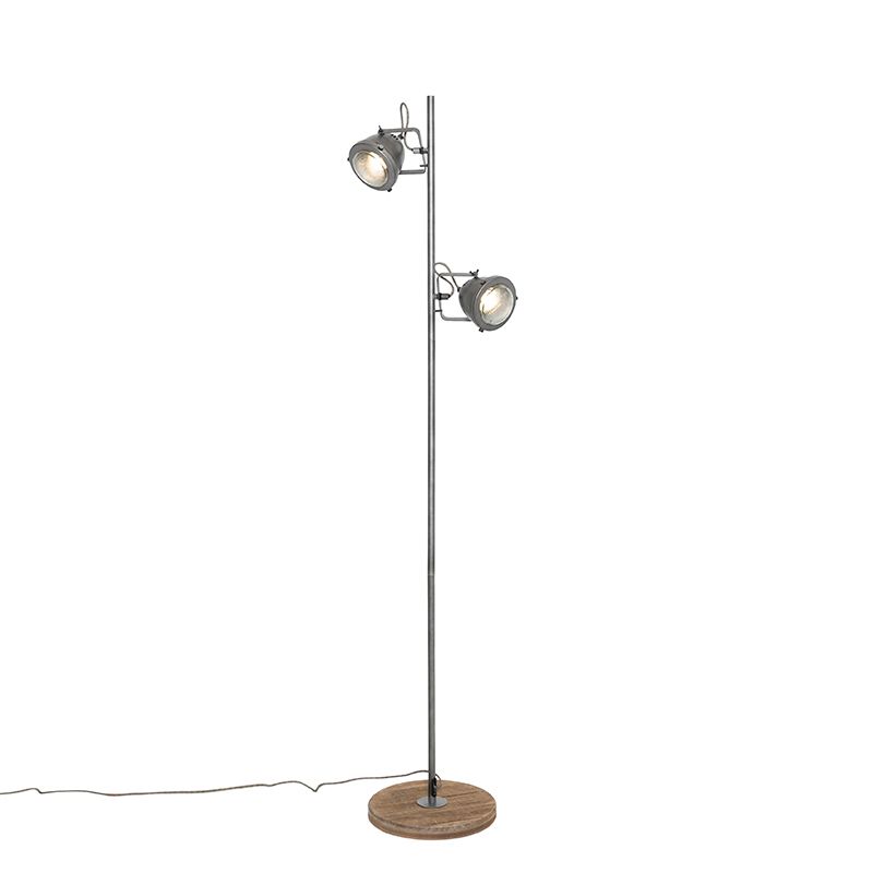 Industriële vloerlamp staal met hout 2-lichts - Emado