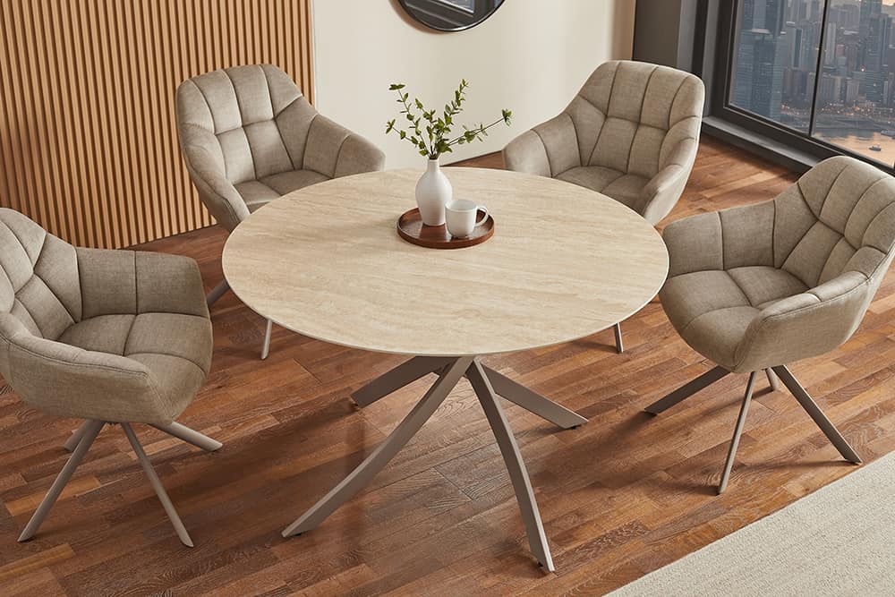 Runder Esstisch ALPINE 120cm natur Travertin Keramik champagner greige Metall