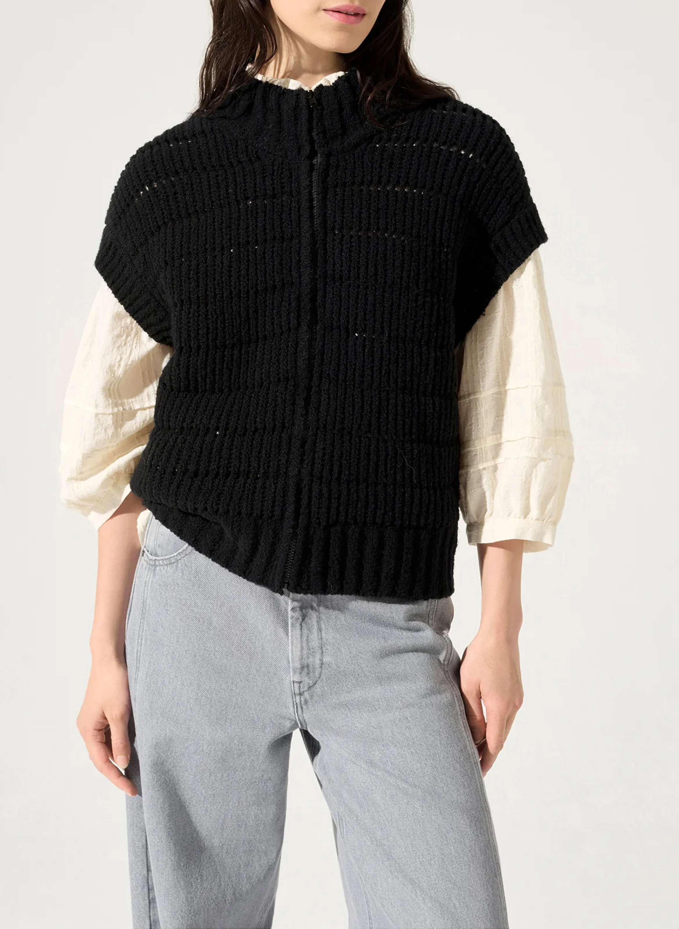 Cardigan ample col montant en laine mélangée | Noir