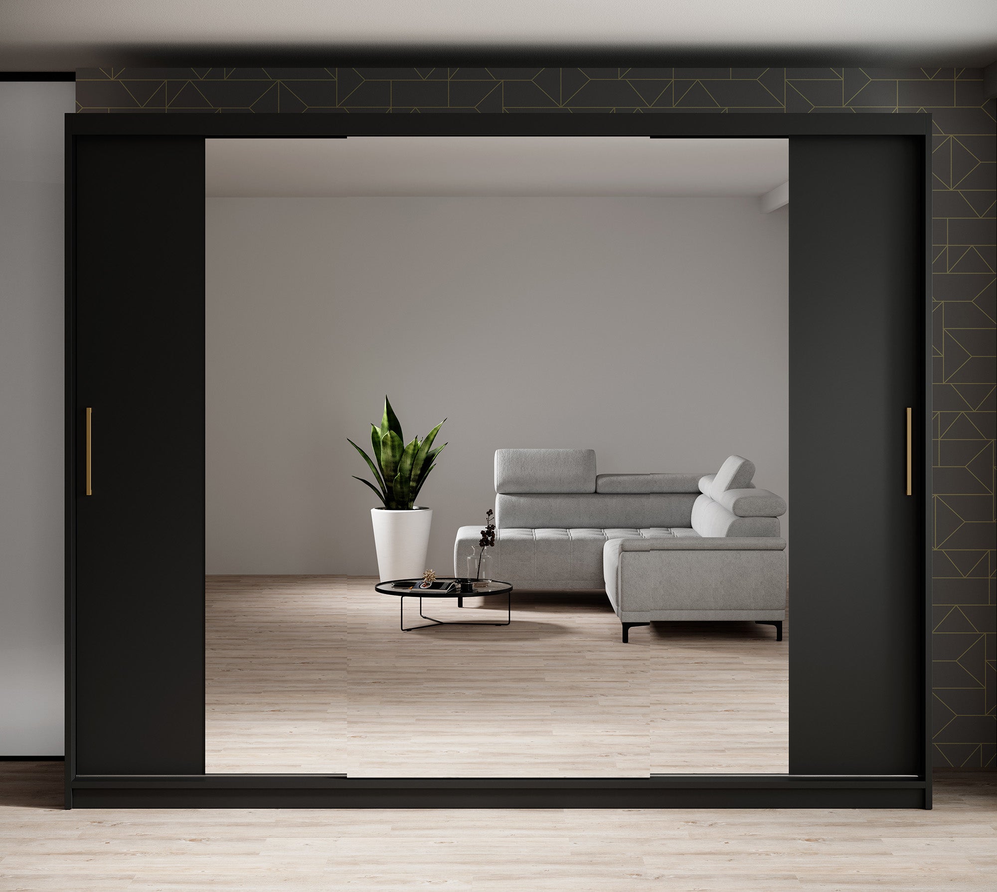 Mandalin - Kledingkast met spiegel - Zwart - 250x62x200 cm