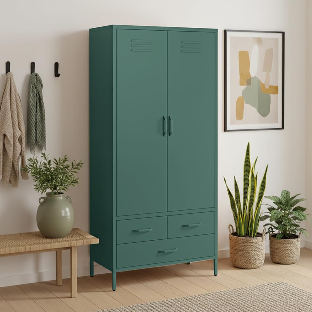 skølm Atria Kleiderschrank Metall – Metallschrank mit 6 Fächern, 2 Kleiderstangen & 3 Schubladen – Garderobenschrank Dunkelgrün – Metallkleiderschrank 80 cm breit – Schlafzimmerschrank – Flurschrank