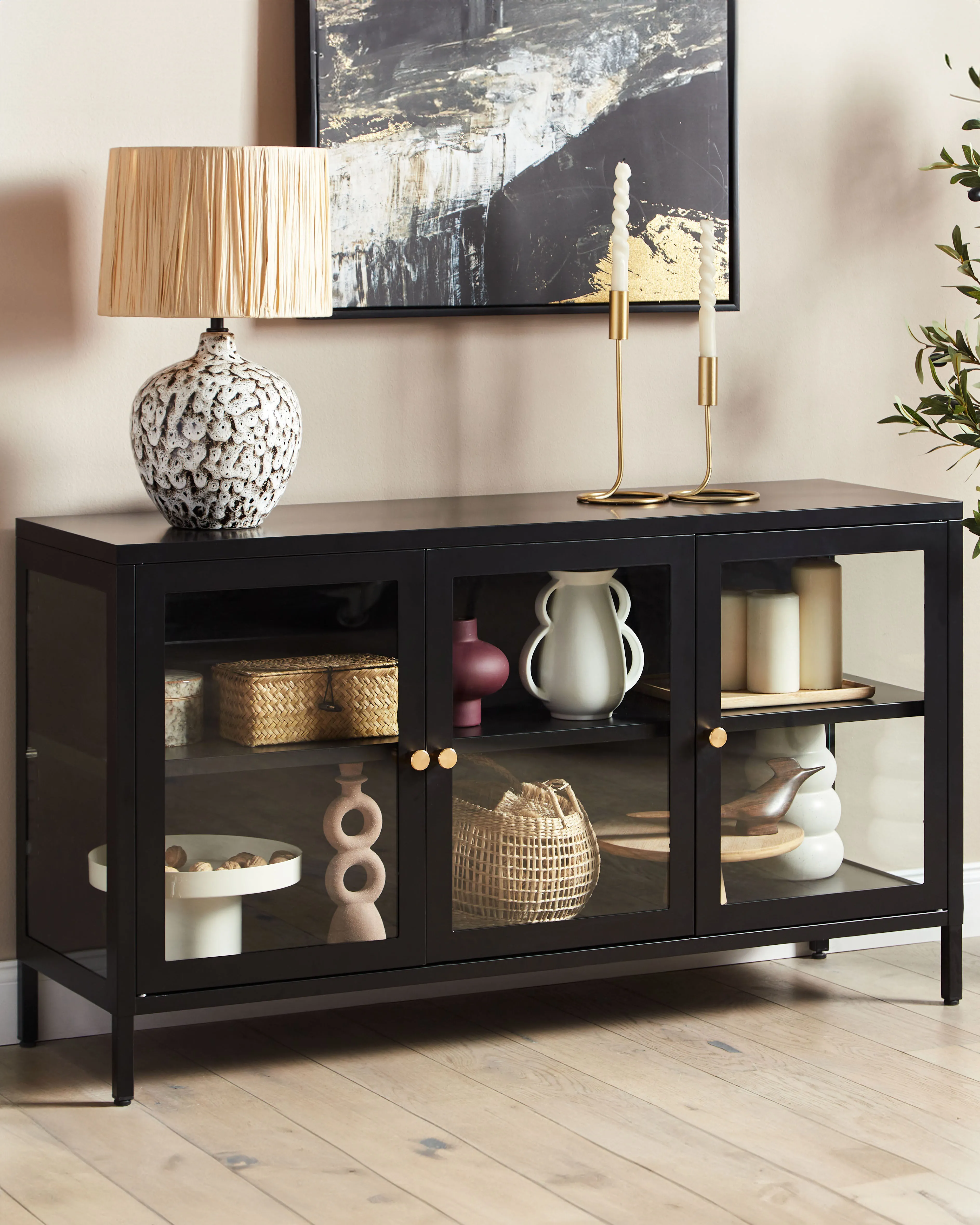 Dressoir met glazen deuren NEWPORT Metaal 115 cm Zwart