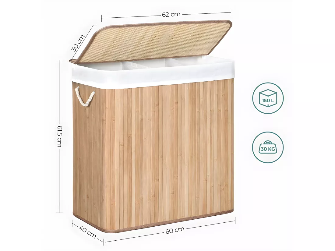 Panier à Linge en Bambou 3 Compartiments avec Couvercle et Poignées, 150L - L60 x H61,5 cm