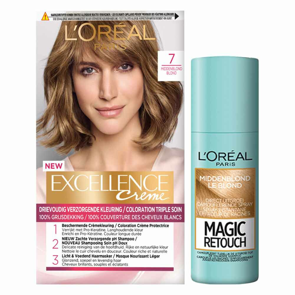 L'Oréal Excellence Crèmekleuring 7 Middenblond 1x & Magic Retouch Uitgroeispray Middenblond 1x 75 m Pakket