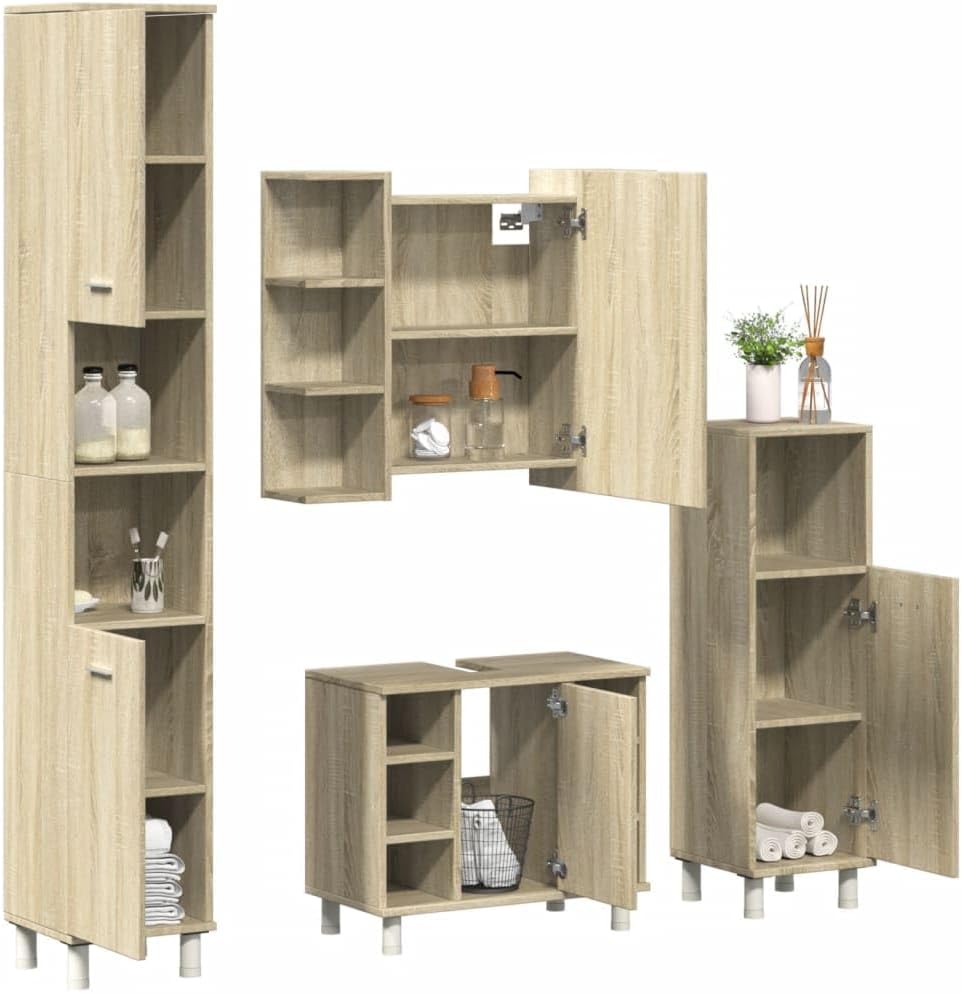 vidaXL Badmöbel Set 4-TLG., Badschrank mit Stauraum, Waschbeckenunterschrank für Badezimmer, Hochschrank Badezimmermöbel, Sonoma-Eiche Holzwerkstoff