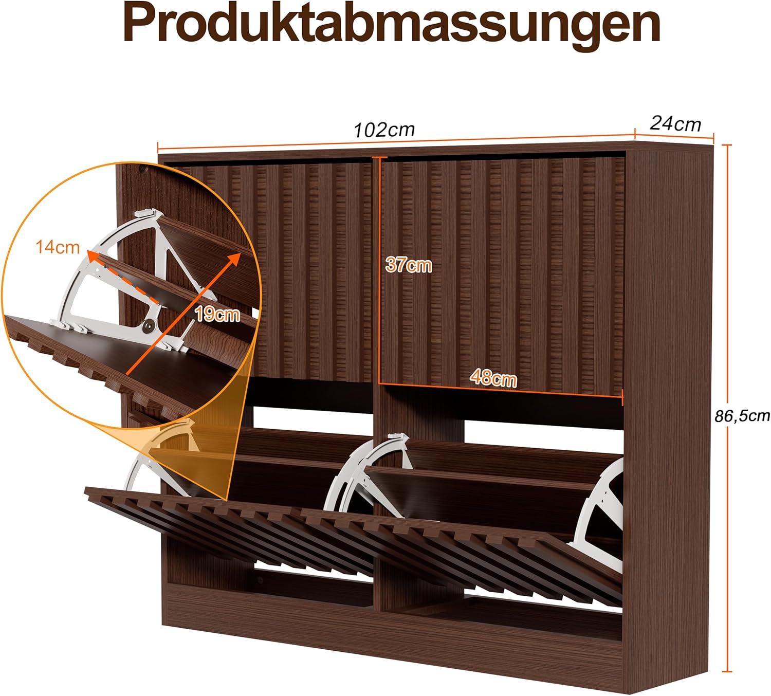 UEV Schuhschrank mit 4 Klappen Holz Schmal Schuhkipper Schuhkommode mit Kippschutz, Schuhaufbewahrung, Flurkommode Schuhregal Flur, Verstellbare Trennwände für Verschiedene Schuhtypen Dunkelbraun