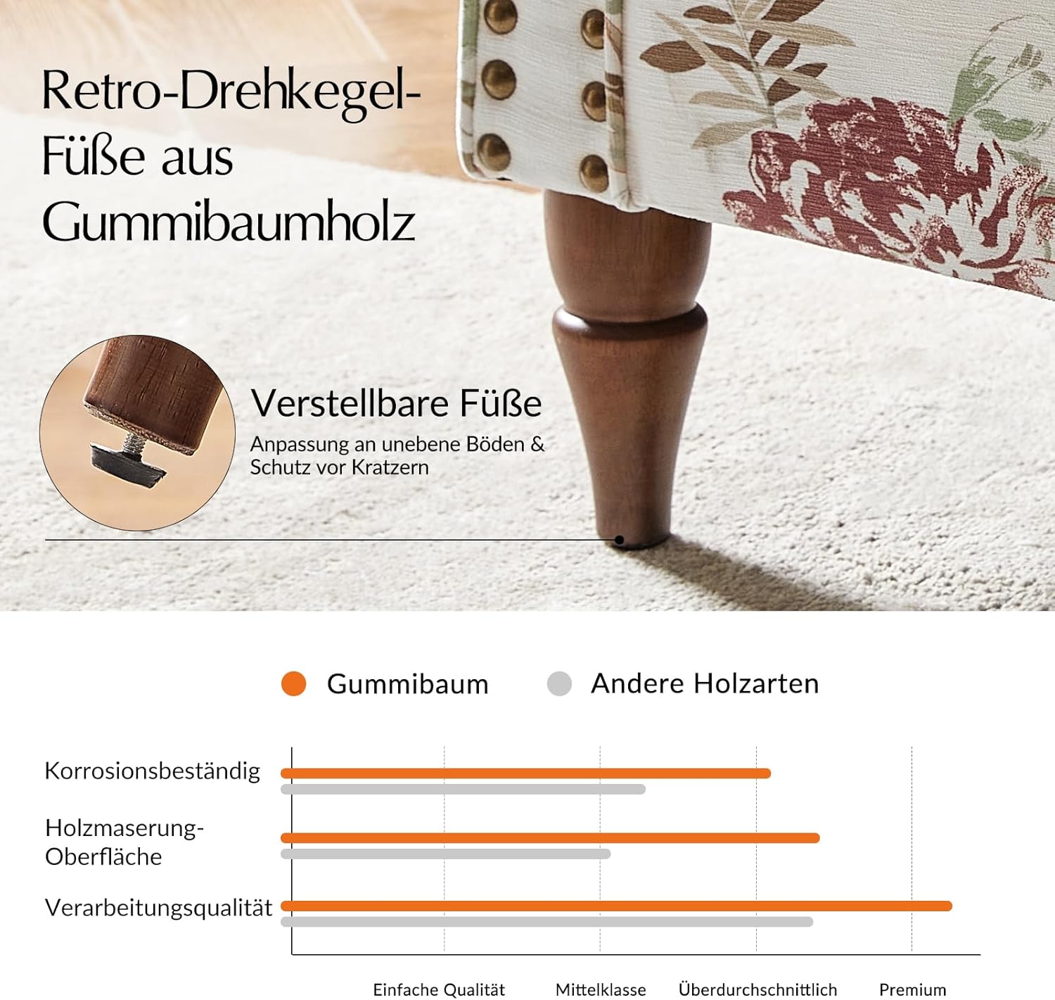 HULALA HOME Sessel gemütlich Ohrensessel Lesesessel bequem mit gerollten Armlehnen und Rücken Massivholzbeinen und Blumenmuster für Wohnzimmer Schlafzimmer, Weiß