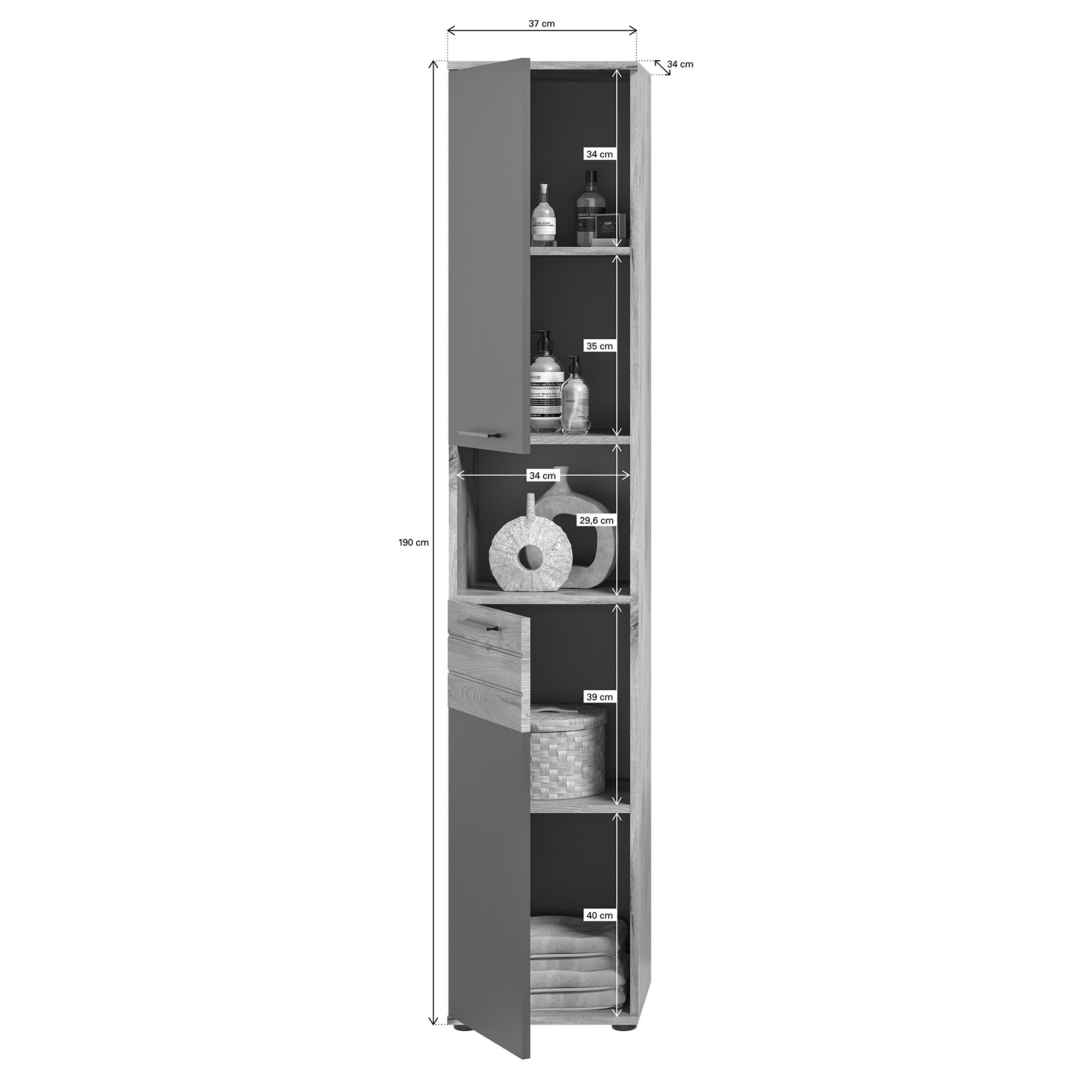 Hochschrank MASON - Nox Oak - Basalt grau - 37 cm