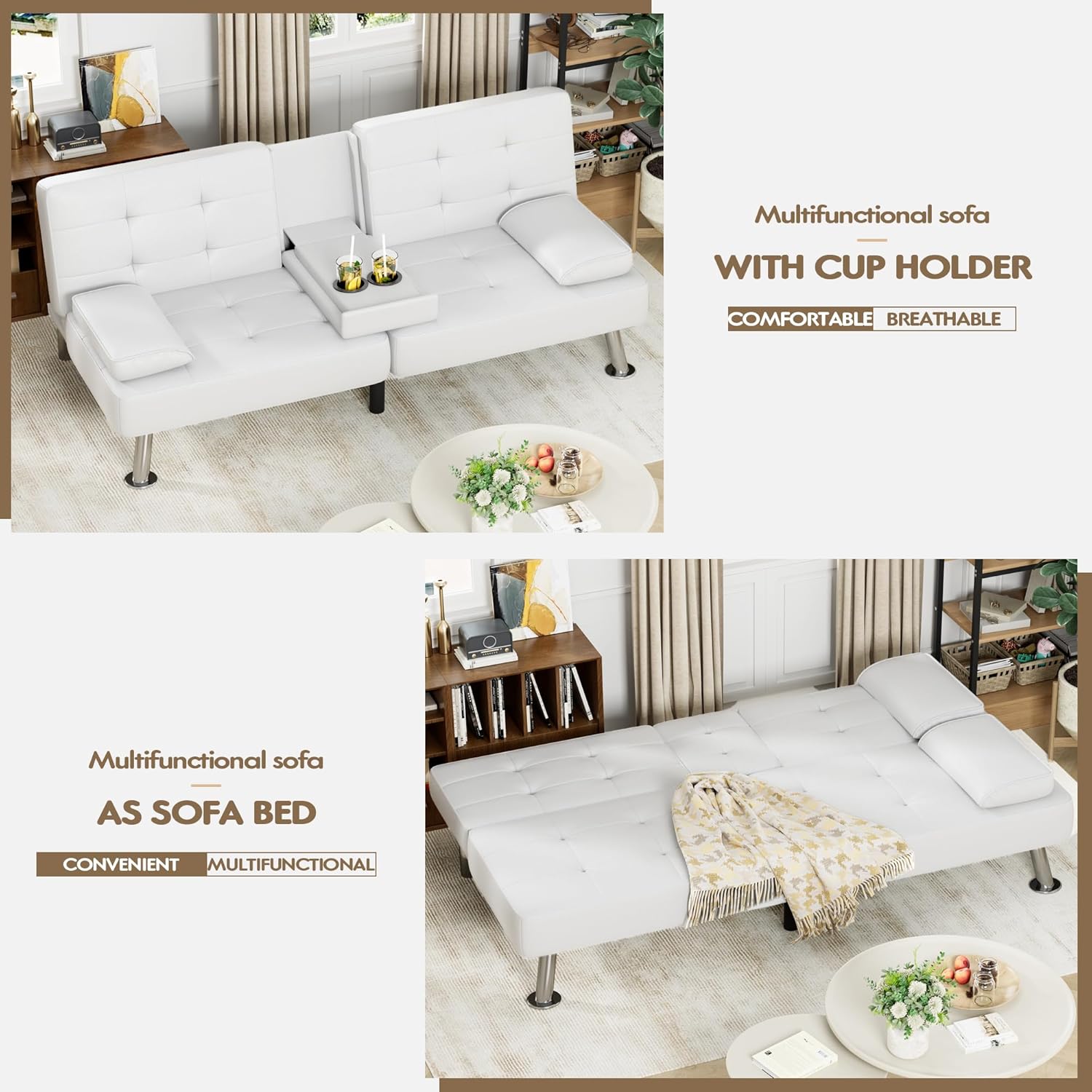 Homall Futon Schlafsofa, Leder-Futon-Couch mit abnehmbaren Armlehnen, verstellbare Liege, Schlafsofa mit zwei Getränkehaltern für Wohnzimmer, Wohnung, Büro (Weiß)