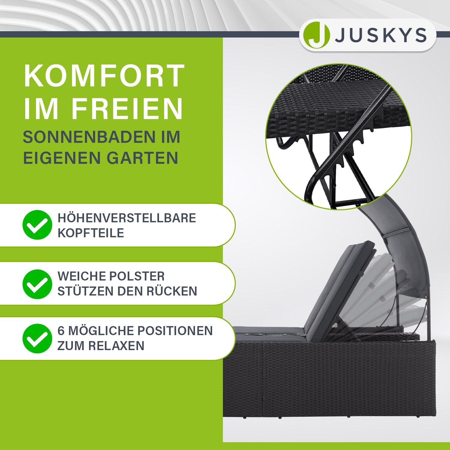 Juskys Polyrattan Doppelliege Syros - Outdoor Liege mit Dach & Auflagen - Sonnenliege Schwarz