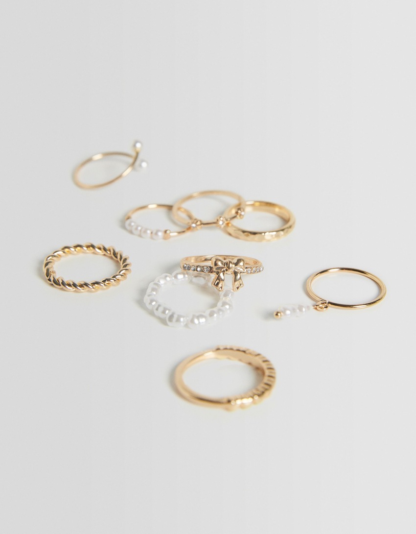 Conjunto de 9 anéis de coração com pérolas artificiais