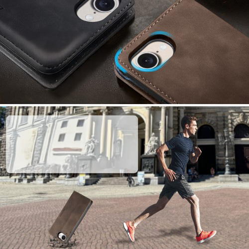 iPhone 16e Leder Tasche Flip Wallet Etui mit Kartenfächern - Dunkelbraun