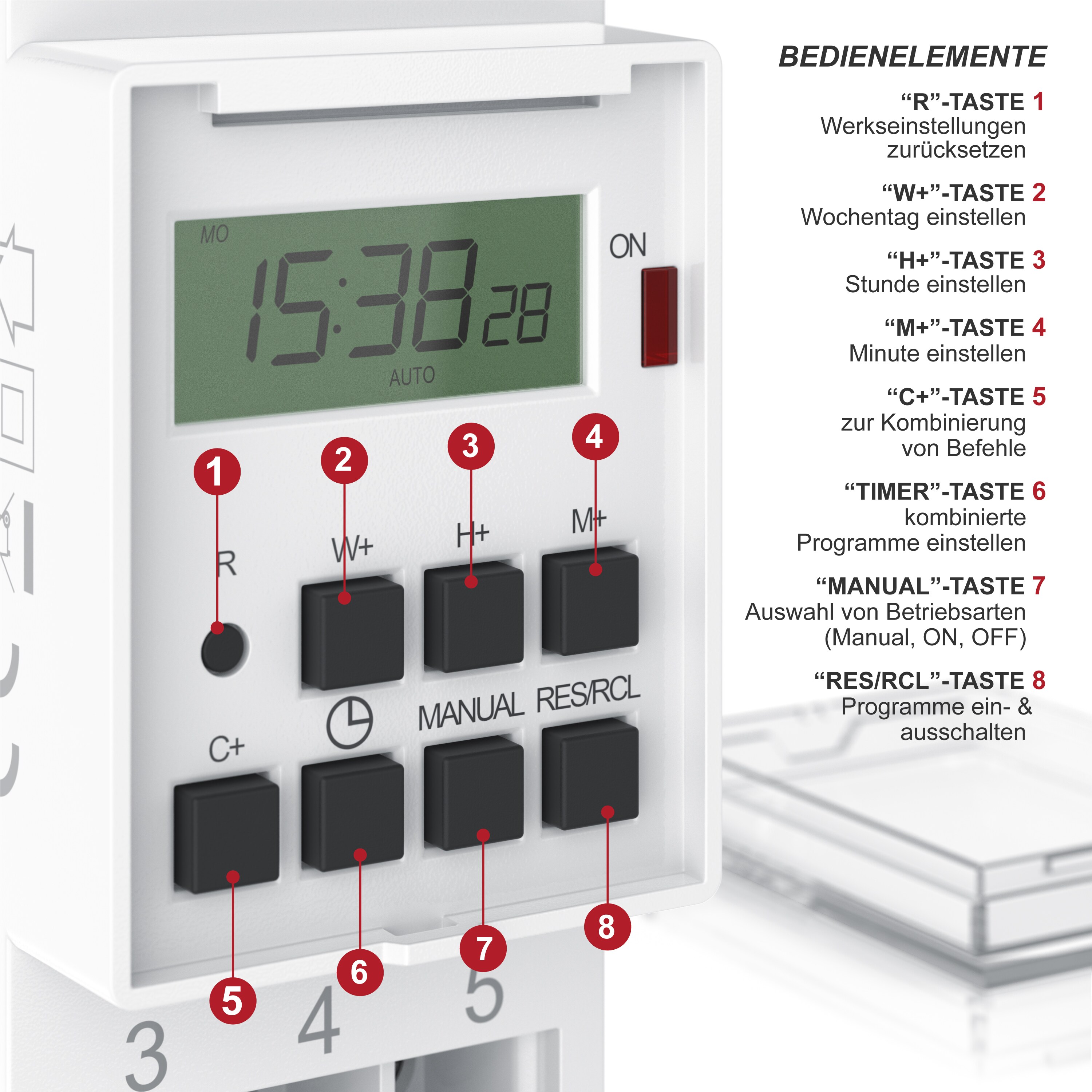 BEARWARE Zeitschaltuhr digital - für DIN Hutschienen im Verteilerschrank Schalttafeln - 2 Klemmen Input, 3 Klemmen Output - 16A/3680W