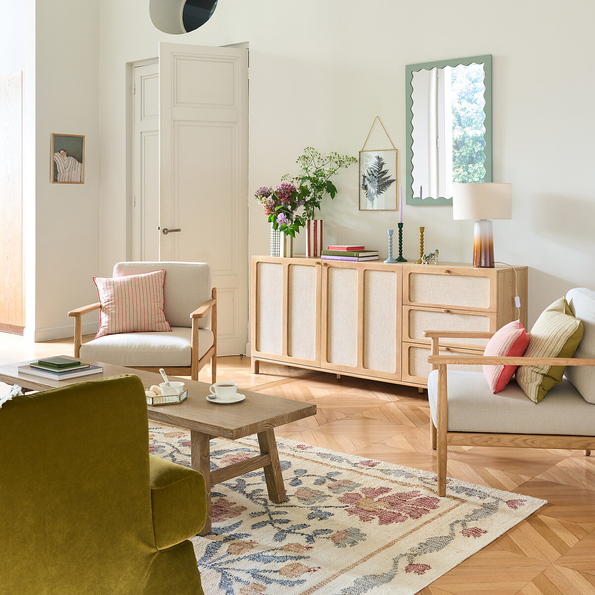 LA REDOUTE INTERIEURS<br>Poltrona vintage em carvalho e algodão/linho, Malora