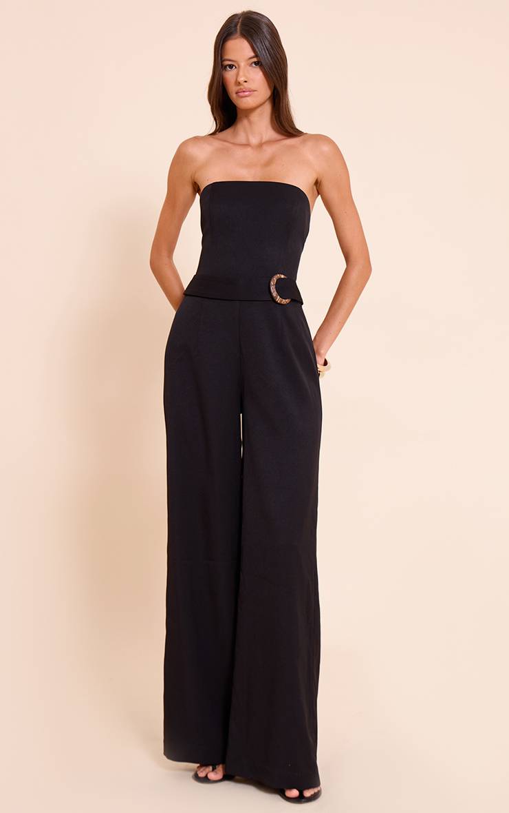 Noir Combinaison Jambe Droite Bandeau Tissée Avec Détail Ceinture
