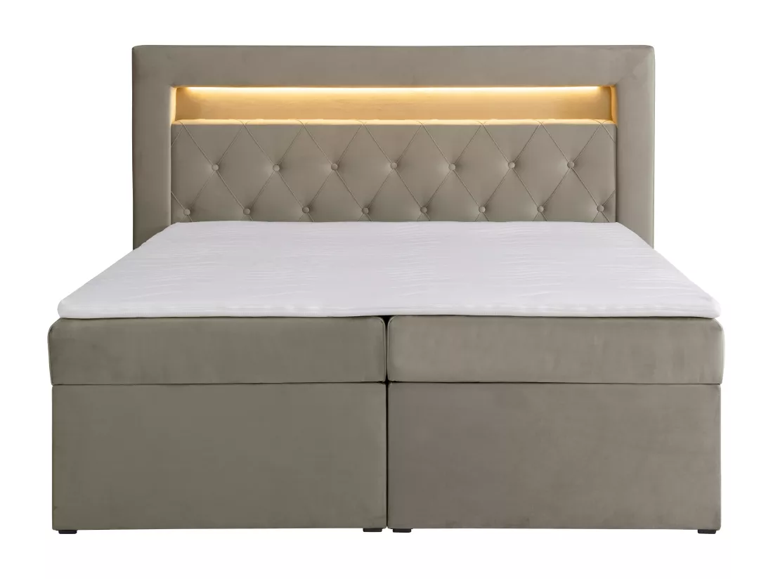 Ensemble complet literie déco tête de lit avec led + sommiers coffre + matelas + surmatelas - 180 x 200 cm - Velours - Taupe - ORANA de YSMÉE