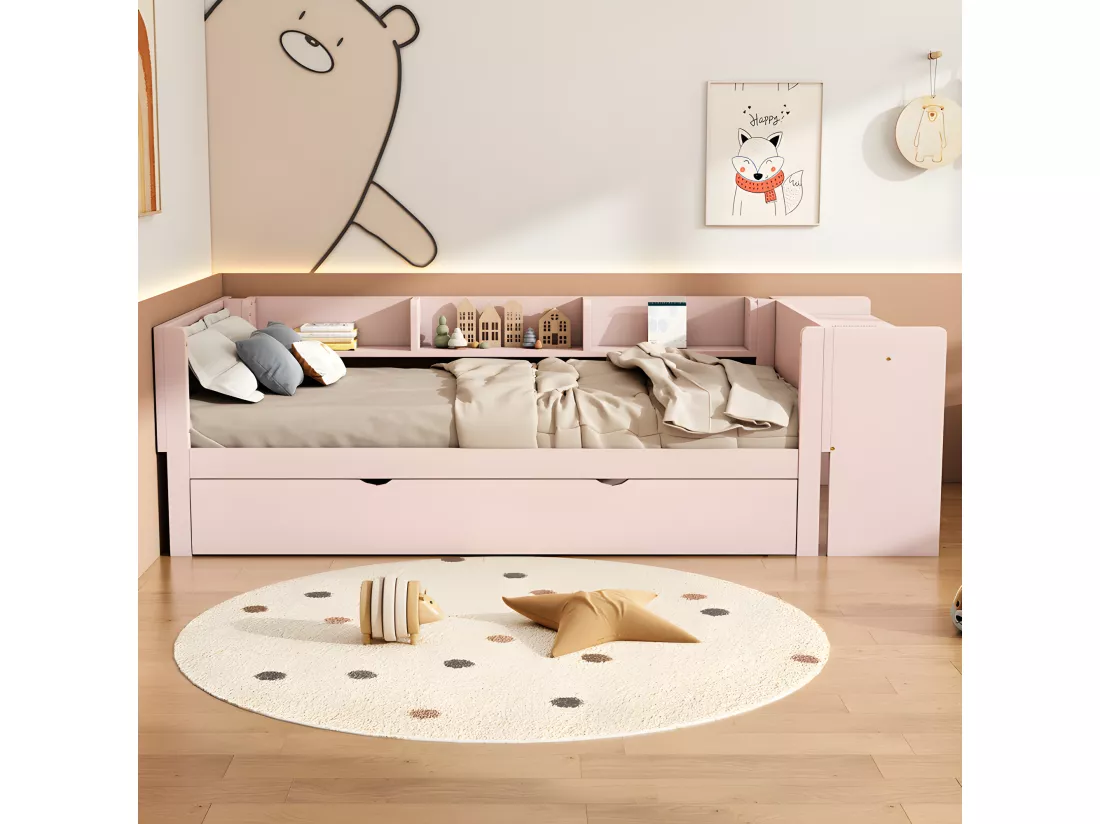 Lit simple 90x200 cm avec un lit gigogne - avec bureau à côté - Rose