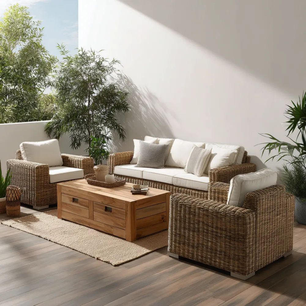 Garten-Sofaset Rattan 200x80x75 cm – Beige – Dreisitzer und Sessel im Modernen Design