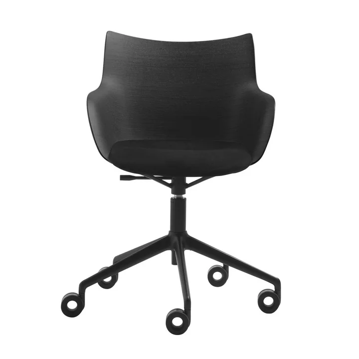 Kartell - Q/Wood Stuhl mit Rollen und Sitzpolster, schwarz / Buche dunkel