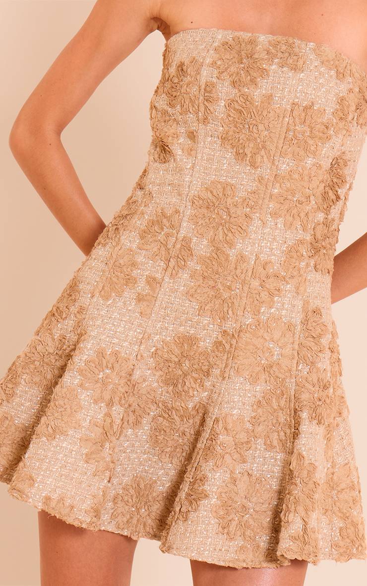 Taupe Robe Patineuse En Bouclé Jacquard Fleuri