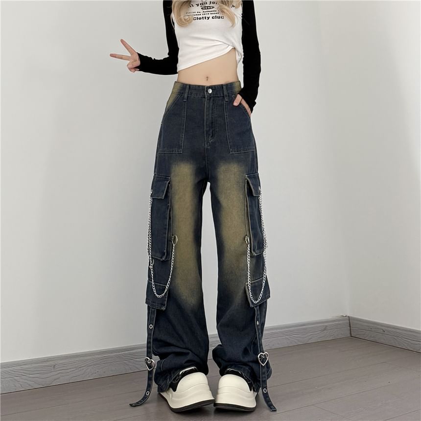 Kenning - Low Rise Washed Chained Wide Leg Cargo Jeans