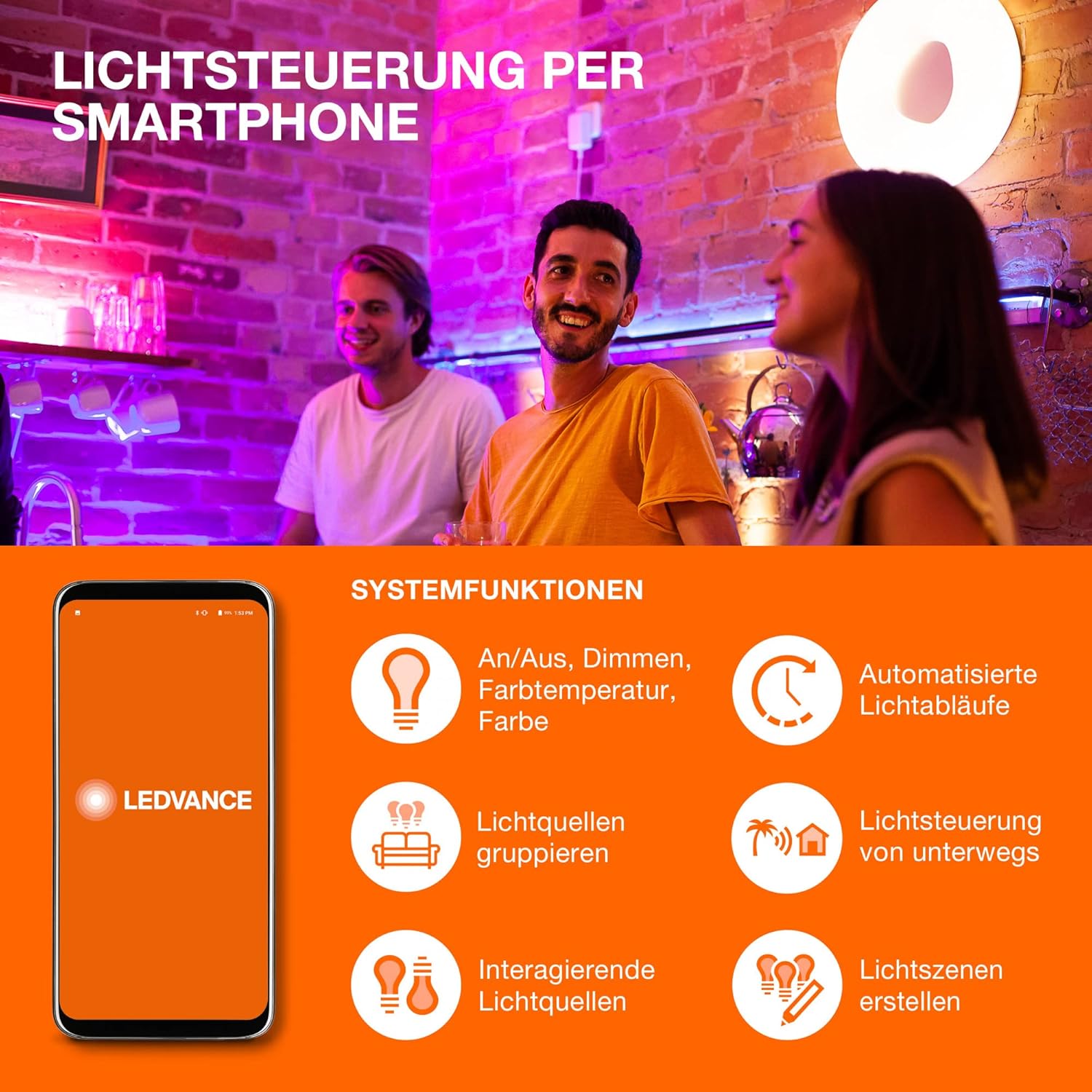 LEDVANCE Smarte LED Gartenpylone mit Bluetooth Mesh Technologie, 50cm Höhe, Lichtfarbe änderbar (2000-6500K), RGB-Farben änderbar , SMART+ MODERN LANTERN Bollard