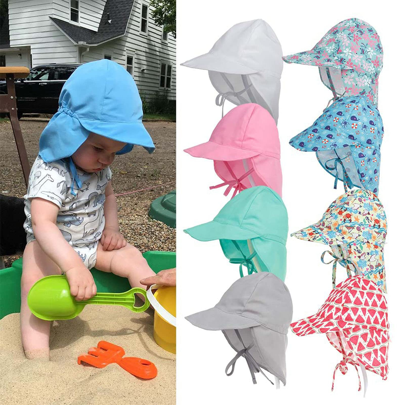 (Ø18cm) Kinder Sonnenhut Sommer Kopfbedeckung Fashion Accessoire mit Kinnband   Nackenschutz - Weiss