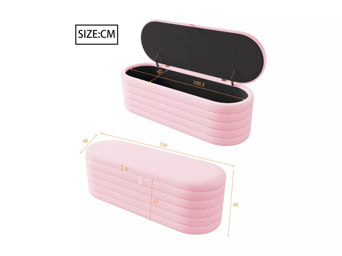 Banc de rangement 120x40x40 cm - en tissu peluche - Rose