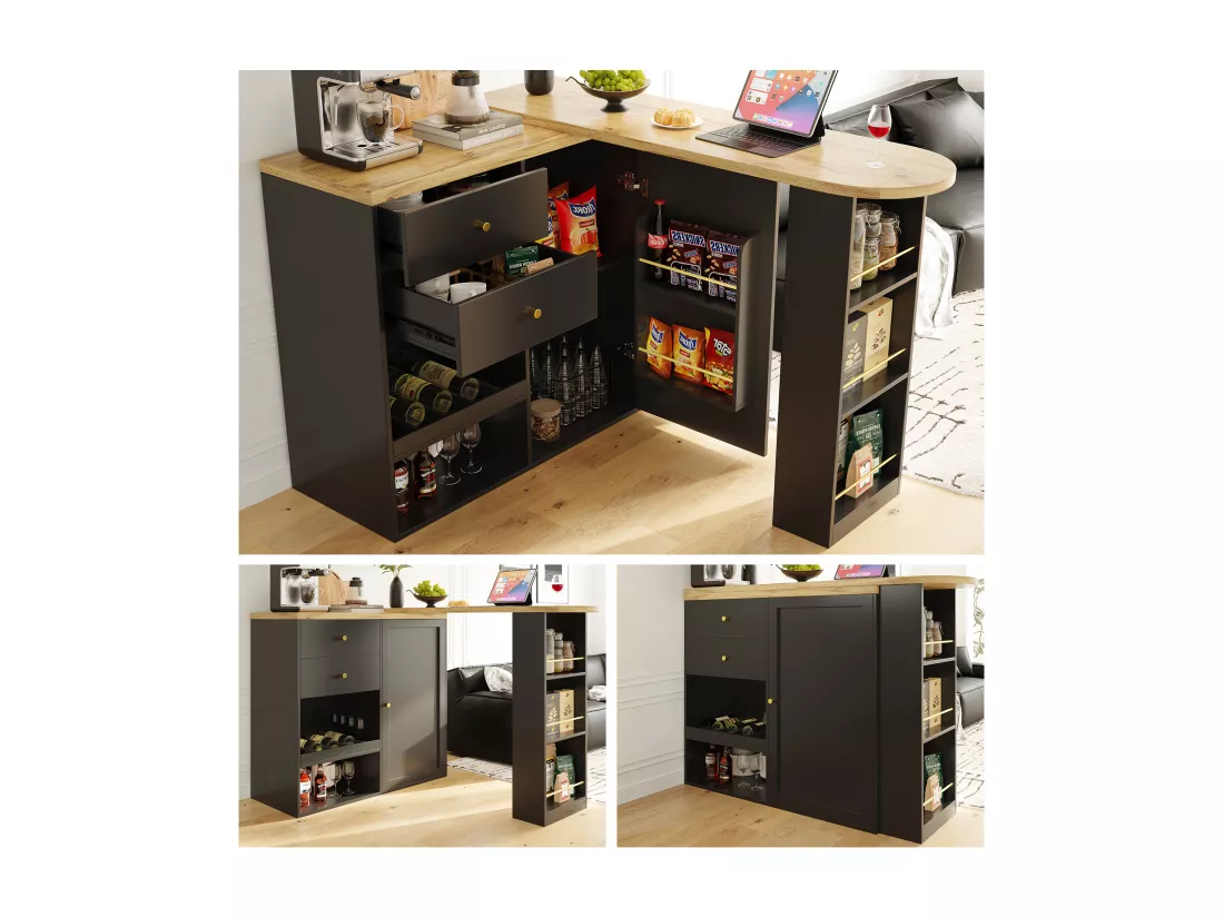 Meuble de bar pivotant - une porte, 2 tiroirs, 3 étagères & 2 niches - MDF plateau effet bois - 138 cm/105x39x102 cm - Noir