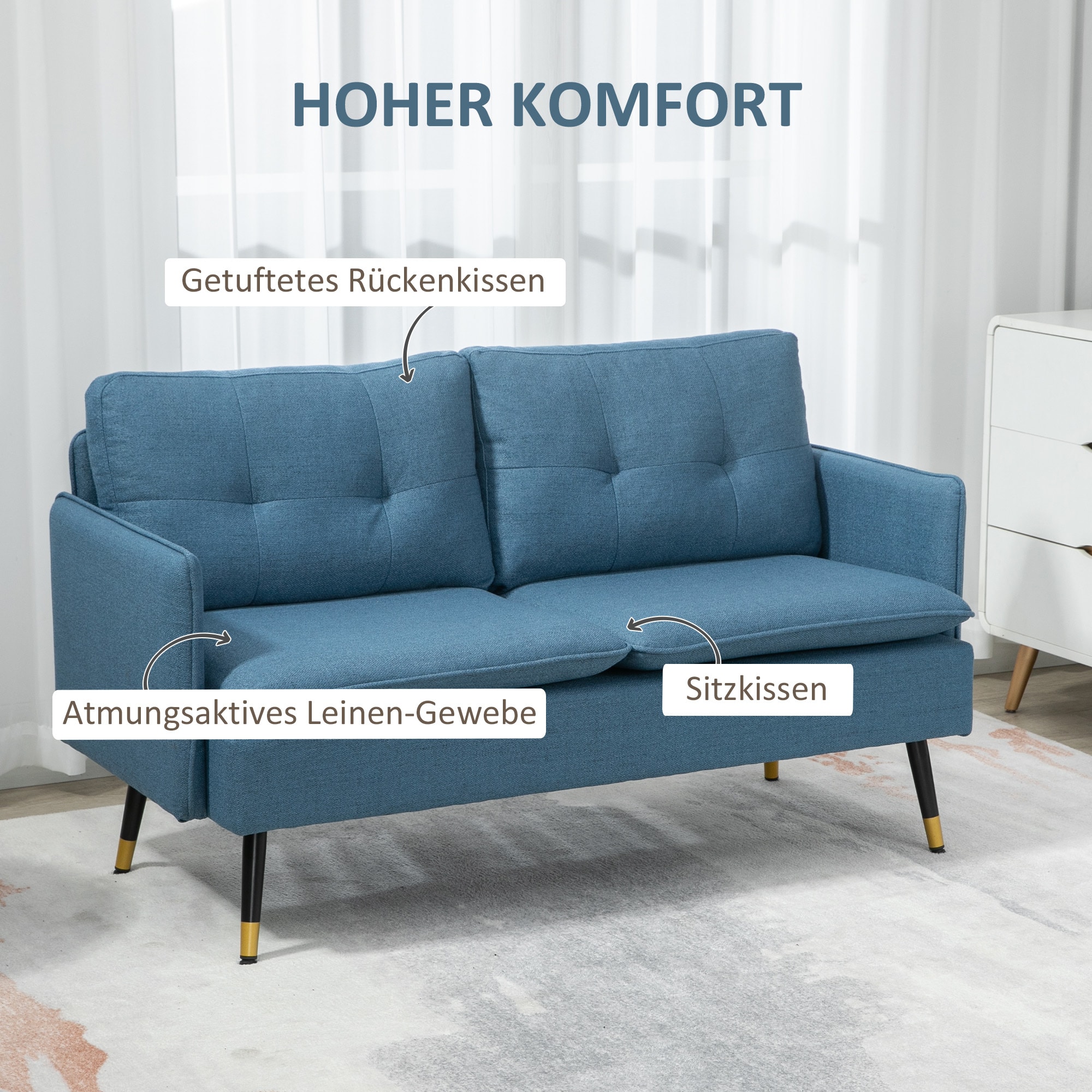 HOMCOM Zweisitzer Sofa mit Rücken- und Sitzkissen grau 139L x 68B x 80H cm