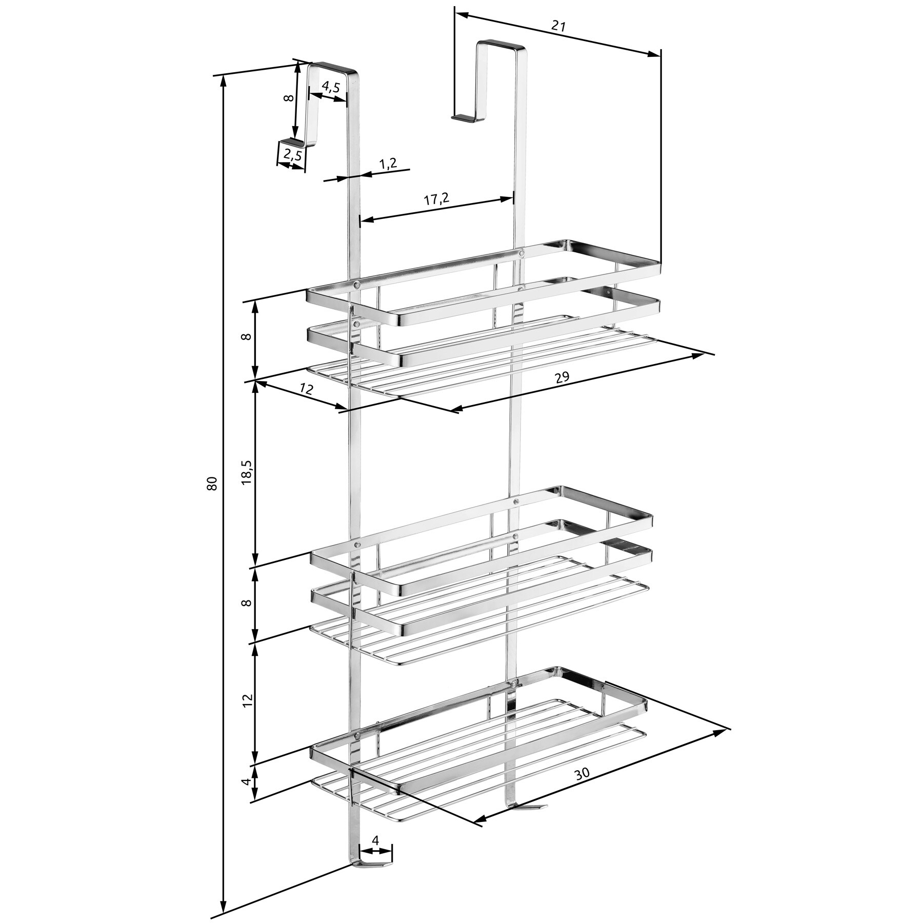 tectake® Duschablage, aus rostfreiem Edelstahl, mit 3 Ablagen, 30 x 21 x 80 cm