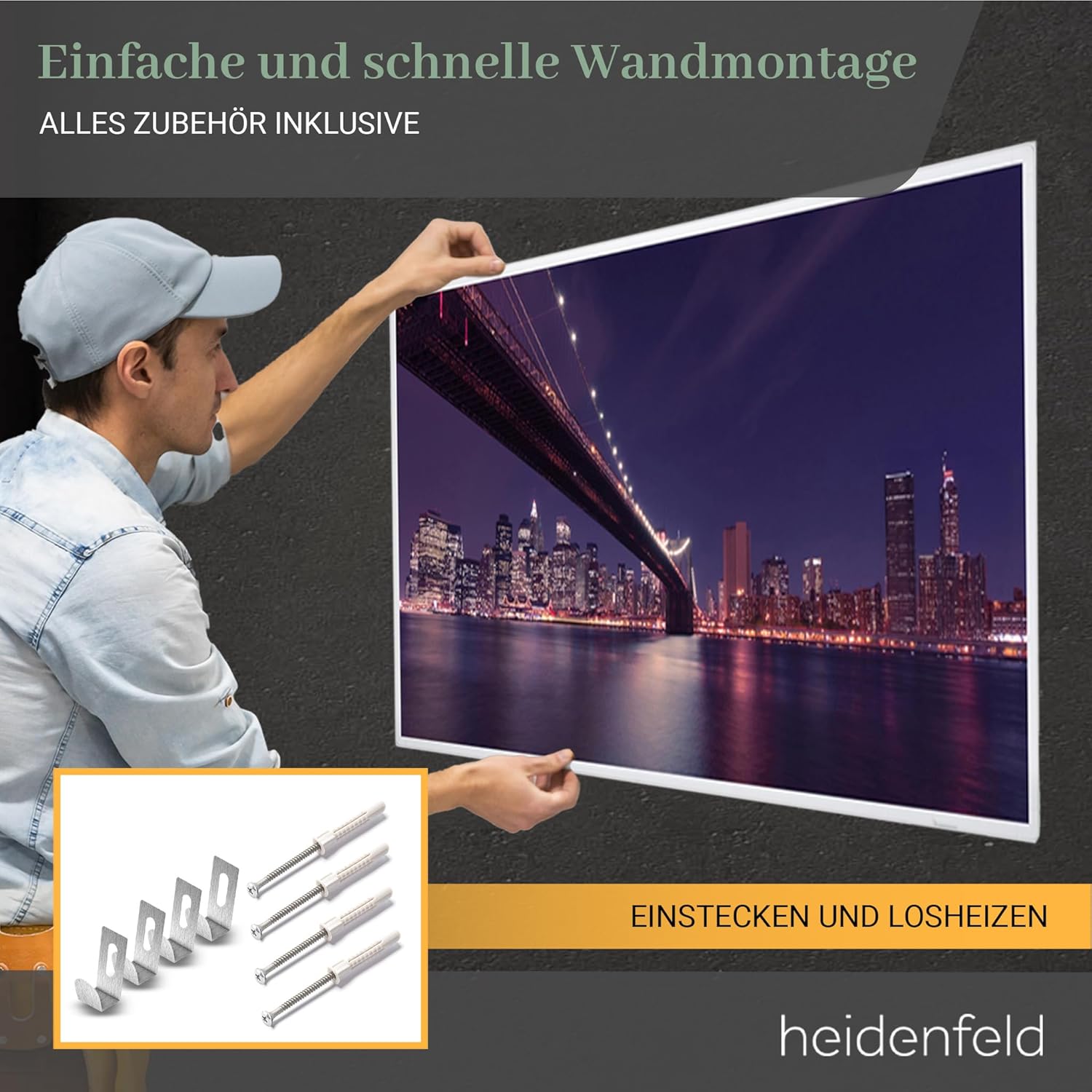 Heidenfeld Infrarotheizung HF-HP105 |    - 1000 Watt - Bis 25 m² - Infrarot Heizkörper - Elektroheizung mit Thermostat - Überhitzungsschutz (1000 Watt, Strand)