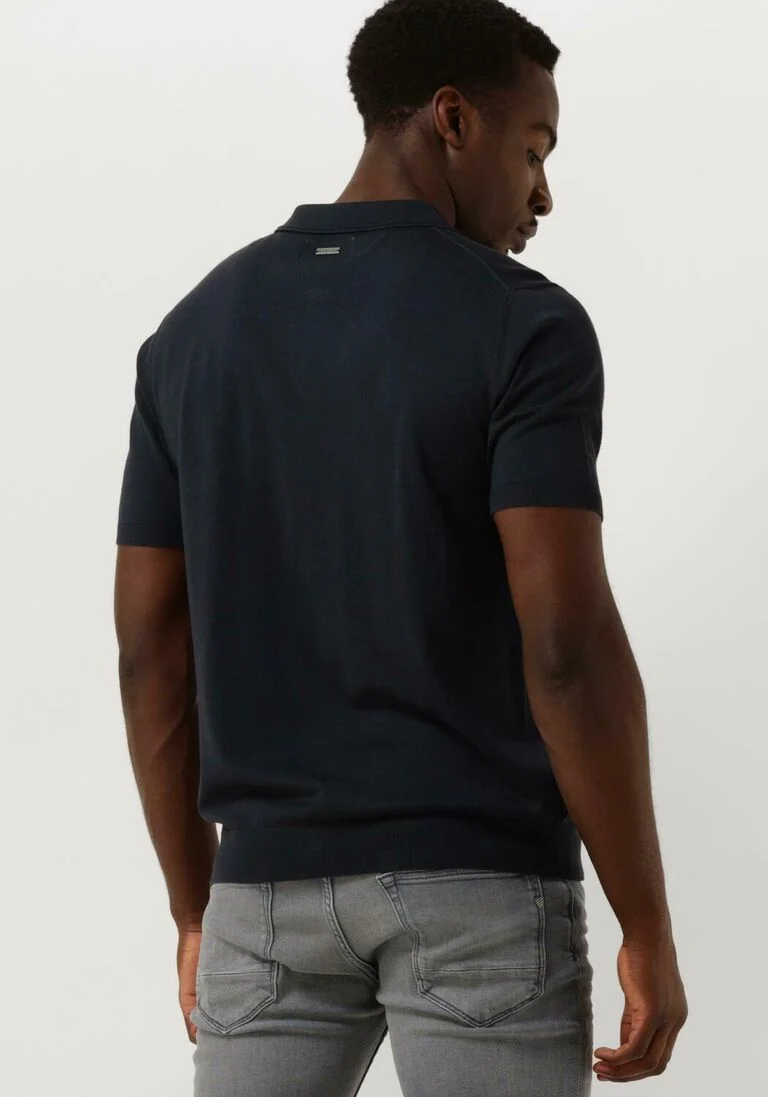 PURE PATH donkerblauwe pure path polo knitted shotsleeve polo half zip with chest embroidery