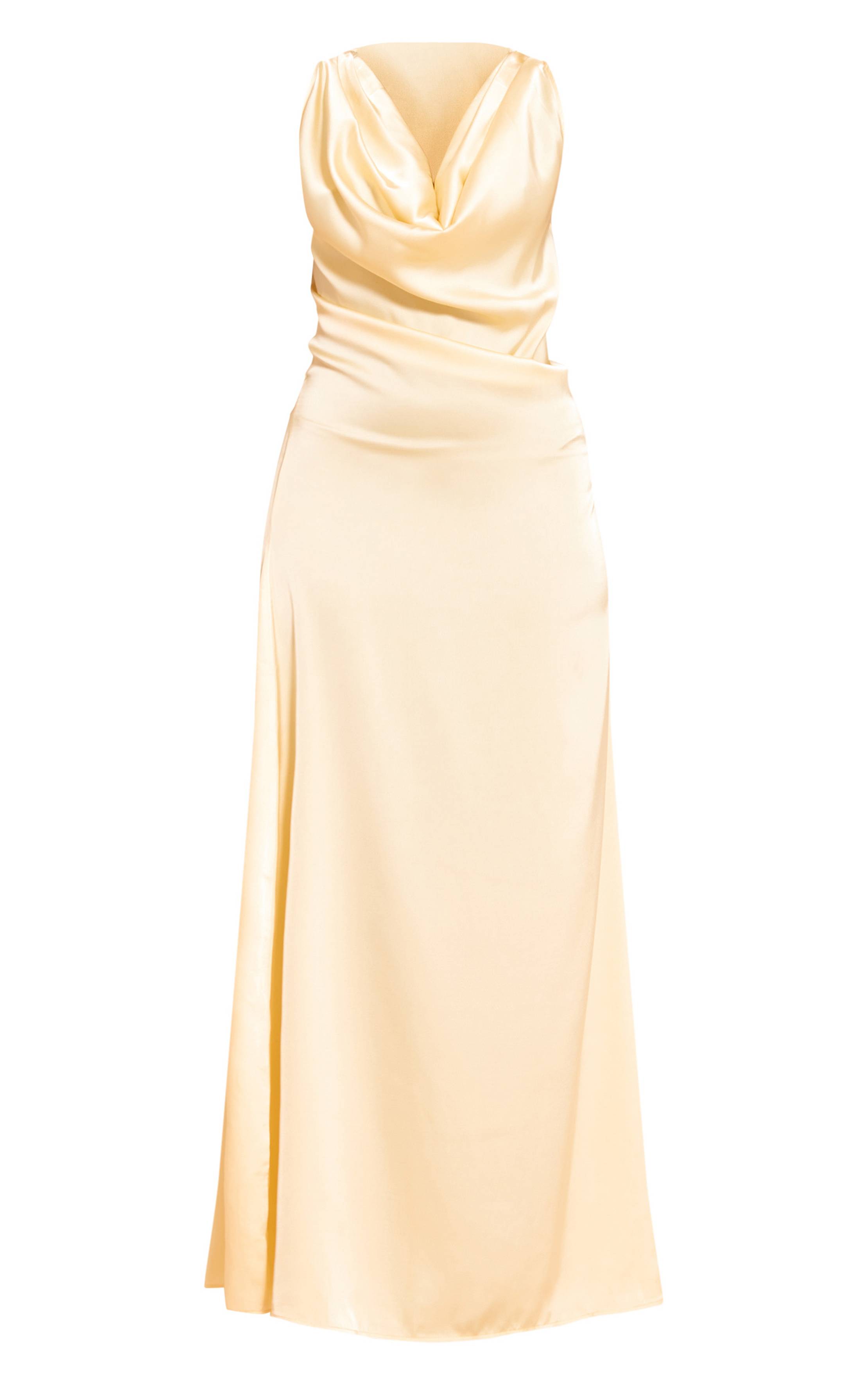 Jaune Robe Longue En Satin À Col Bénitier Extrême
