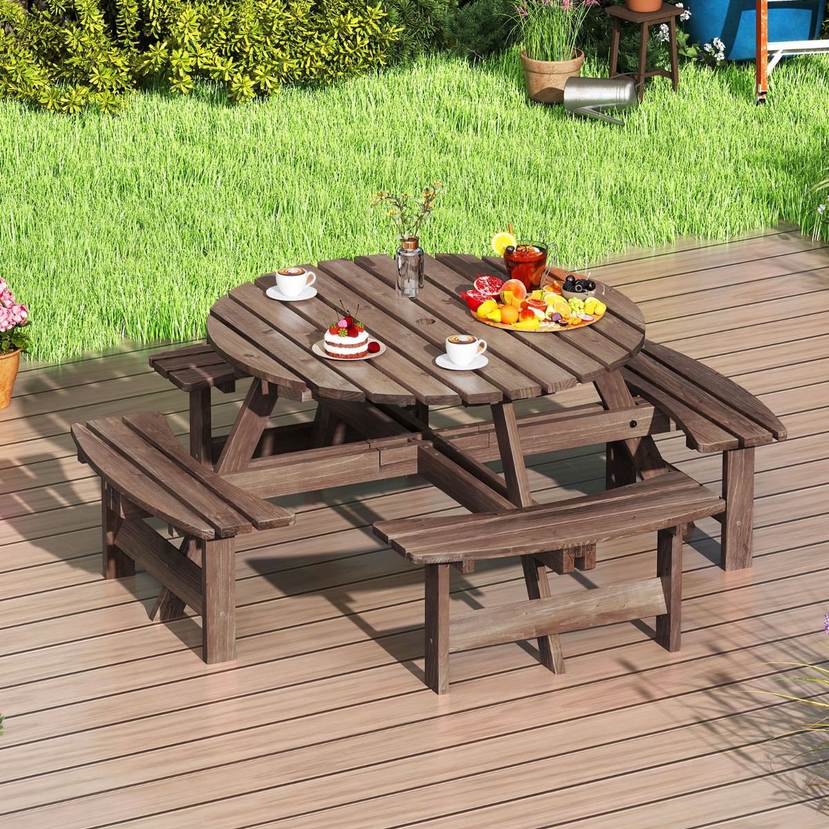 Ensemble Table de Pique-Nique en Bois pour 2 à 8 Personnes Set Table et Banc Circulaire avec 4 Bancs Intégrés Trou de Parasol de 5cm Marron/Jaune - Lidl-Manfred