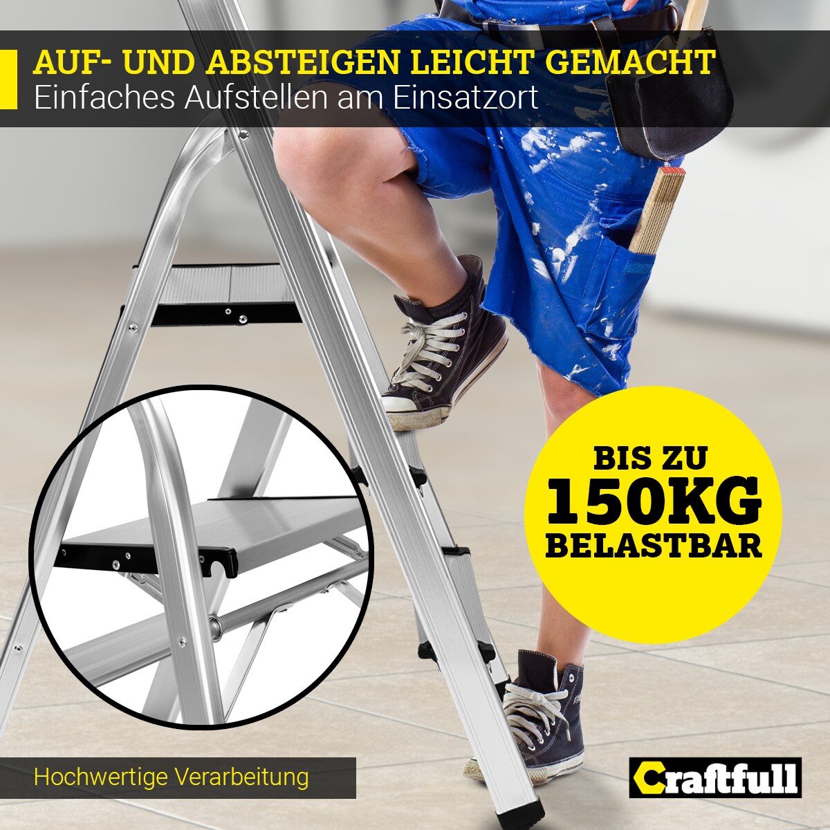 Craftfull Stehleiter CF-133B, Aluminium-Haushaltsleiter, Ablagefläche, Gummi-Standfüße, 3-6 Stufen (3 Stufen)
